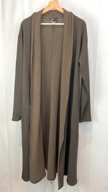 FENINI S Open Front Duster Cardigan Waffle Textured Knit Pockets USA Brown Black